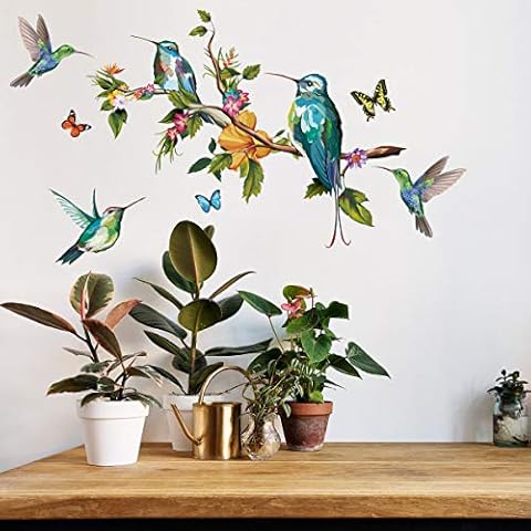 DIY Flower and Hummingbirds Wall Decal, VASZOLA Removable Vivid Watercolor Plant Leaf Wall Sticker Home Nursery Decor Art Murals Paper Decoration for Bedroom Living Room Office Bathroom Cover