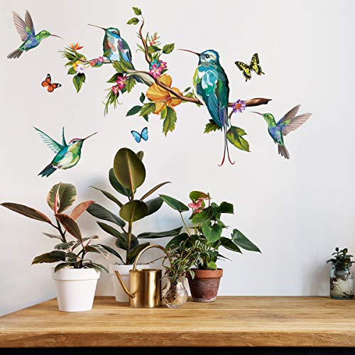 VASZOLA DIY Blume und Kolibri Aquarell Wandtattoo Wandaufkleber Pflanzen Grüne Pflanze Blätter Wandsticker Wanddeko für Wohnzimmer Schlafzimmer Flur Kühlschrank Cover