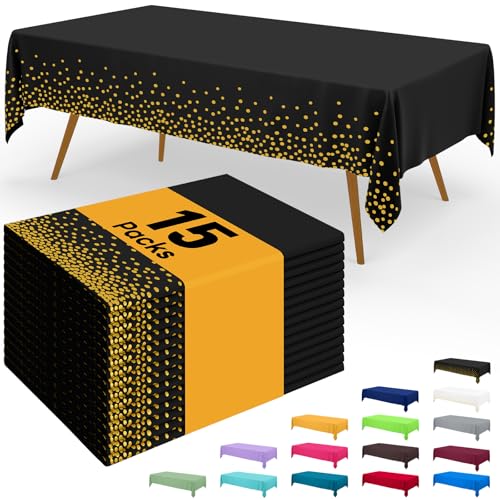 Image of Smiry Disposable Table Cloth - 15 Pack, 54 x 108 Inch Waterproof Rectangle Tablecloths for Parties, Decorative Plastic Table Cover, Leakproof & Sturdy, Black & Gold