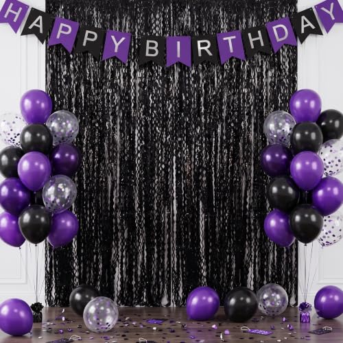 Image of TONIFUL 2Pcs Wavy Black Metallic Tinsel Foil Fringe Curtains Streamers | 3.3ftx6.6ft Photo Booth Backdrop Tinsel Streamer Curtain, Props for Bachelorette Birthday New Year Graduation Halloween Decor