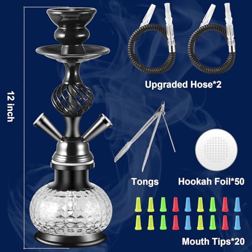 XPNLF Shisha Komplett set mit 2 Schläuchen,12''Shisha Kit mit Keramikschüssel,Premium-Schlauch,Schöne Glasvase,50 Shisha Folie,20 Shisha Tips (schwarz) – Bild 4