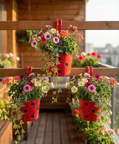 Image of Premium Hook Planter with Inner Pot | Polka Dot Hanging Planter for Balcony & Railings | Sturdy Plastic | Built-in Drainage | Vibrant Colours | Indoor & Outdoor Gardening (3 Pot, Red)
