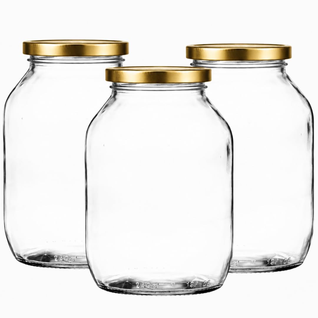 Half Gallon Glass Pickle & Fermenting Jar (2.27L) | Pack of 3 with Gold Twist-Off Lids | Large Airtight Preserve Jars | J&B