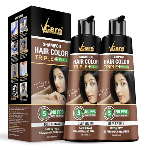Image of VCare Shampoo Hair Colour Shampoo - 180ml Brown for Men & Women | Only 5 Minute Hair Coloring Kit No Ammonia, Parabrn, Sulphate Pack of 2