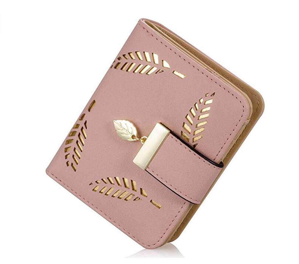 Women's Wallet Hollow Leaf Pattern Bifold Leather Lady Purse Coin Button Clutch Bag (Khaki-short)
