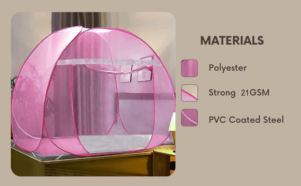 Image of Foldable King Size Mosquito Net | Double Bed Machardani | Durable 30 GSM Polyester Fabric Net Doubell Bed-NEW-2026 Edition (Full Pink)