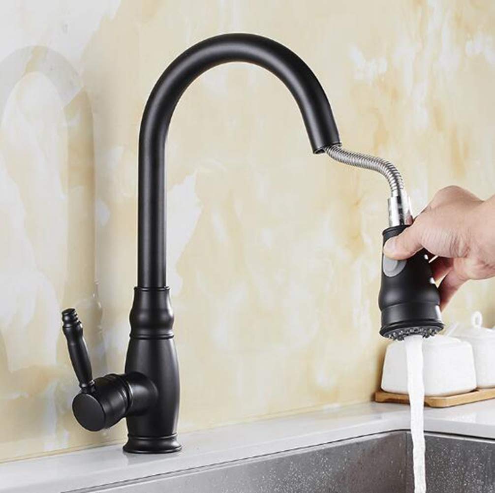 ZYCHSJXA Pull Out Black/Gold/Chrome/Brushed Nickel Kitchen Faucet Gold 360 Degree Swivel Sink Mixer Tap Vanity Cozinha,Black
