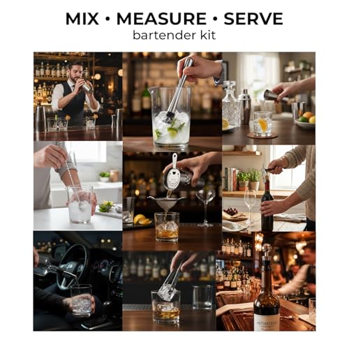 Image of O' Holic by Perch Craft 10-Piece Stainless Steel Bartender Kit|Premium Cocktail Shaker Set with Jigger 30 /60ml, Spoon,Pourer,Ice Tong, & Bar Tools|Professional Bar Set for Home &Tour Parties|Silver