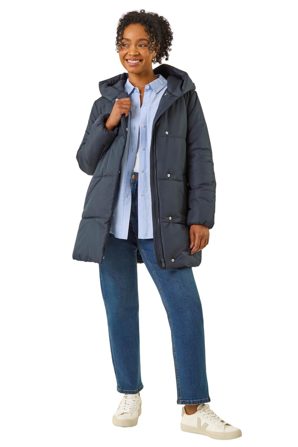 Roman Petite Hooded Quilted Puffer Coat for Women UK - Ladies Everyday Autumn Winter Round Neckline Comfy Soft Evening Vacation Work Party Night Out - Petite Navy - Size 14