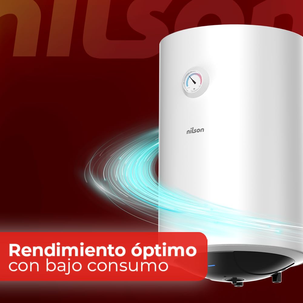 Nilson Termo Eléctrico Vertical 30 Litros NT3000. Instalación Vertical, 1500W, Incluye Kit de Montaje, Resistencia de Acero inoxidable, Blanco, Eficiencia Energética Clase C