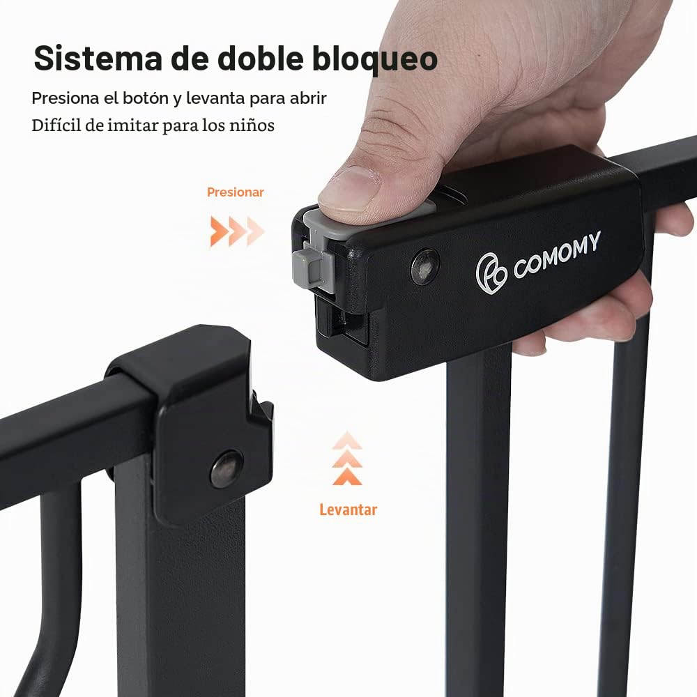 COMOMY Barrera Seguridad Niños para Puertas y Escaleras, 75 a 123cm Ultra Ancho Puerta Seguridad Bebe con Puerta Ajustable para Gatos, Barrera Seguridad Niños Escalera (Negro)