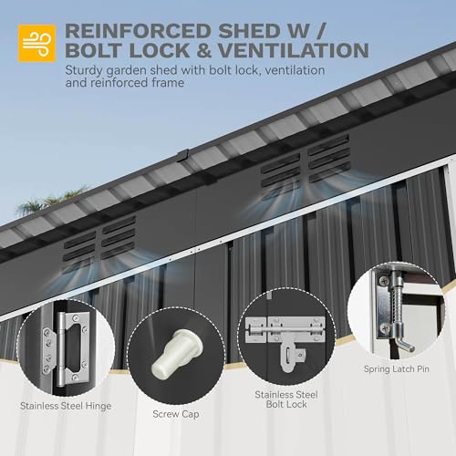Image of DWVO 9' x 4' Outdoor Storage Shed, Lockable Double Doors, Sloped Roof, Heavy-Duty Steel Shed for Garden & Patio, Large Backyard Tool Organizer, Dark Gray