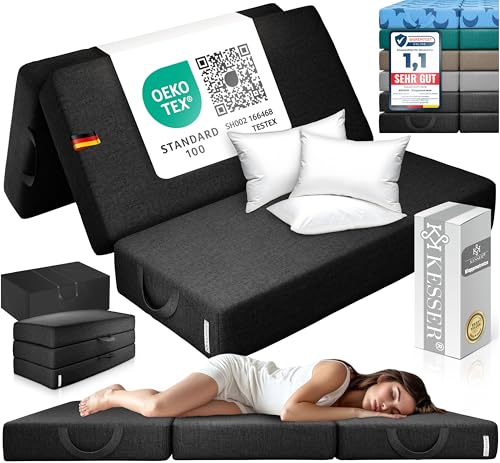KESSER Matelas pliant, 160 x 195 x 15 cm, pour invités, tabouret en 3 positions, en mousse, 25 kg/m³, extra épais, 15 cm, respirant, lavable, housse amovible, avec sac de transport de camping
