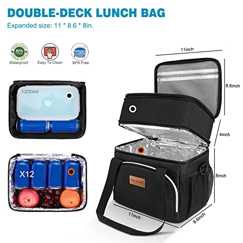 Baloray 15L Black Insulated Lunch Bag For Men Women, Expandable Large Lunch Bags For Work, Leakproof Double Deck Lunch Box Cooler Tote Bag With Adjustable Shoulder Strap #TOP1