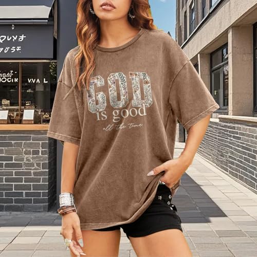 Image of Christian God is Good Shirts for Women Jesus Faith Religious T Shirts Floral Graphic Oversized Acid Washed Tee Tops
