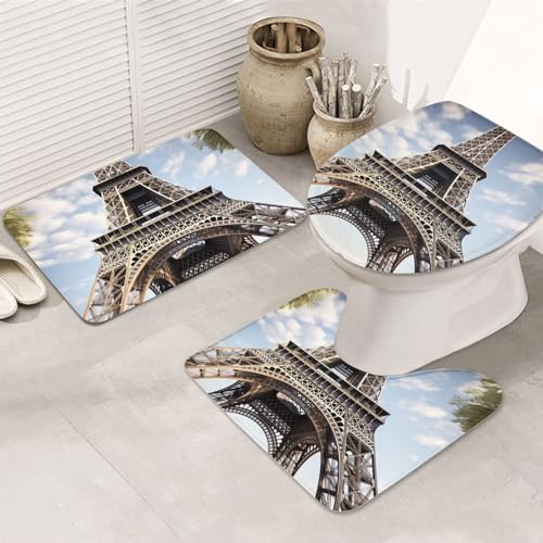 Dwrepo Eiffel Tower French Paris Monument Print Bathroom Rug Set 3 Piece with Non-Slip U-Shaped Contour Mat and Toilet Lid Cover for Bathroom Decoration
