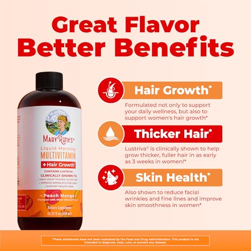 MARYRUTH'S Liquid Multivitamin+Hair Growth | Biotin 10000mcg | Lustriva Hair Growth Supplement | Clinically Tested in Women for Thicker Hair&Facial Wrinkle | Skin Care | Ages 18+ | 15.22 Fl Oz