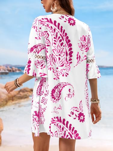 Image of CUPSHE Women V Neck Lace Trim Mini Summer Dress Cover Up 3 /4 Sleeve Ruffled Cuff Casual Sundress Beach Dresses Cover Ups