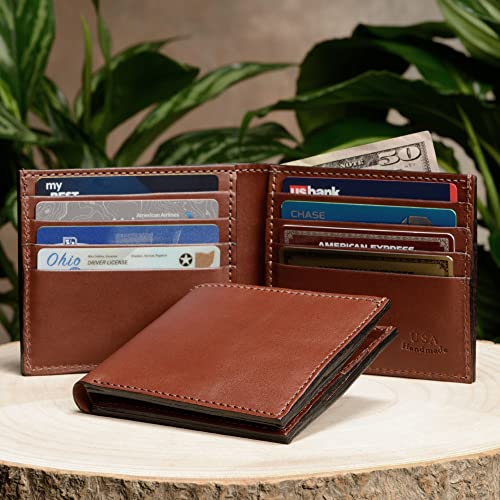 Premium Full Grain Bridle Leather Men’s Bifold Wallet with 8 card slots – Medium Brown - Made in USA4