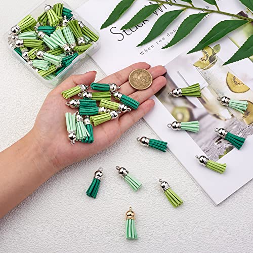 BEEFLYING 60 Pcs Green Faux Suede Tassel Pendant Decorations Mini Retro Charm with Platinum Plastic Cord Ends for DIY Bracelet Necklace Earring Jewellery Making - Image 3