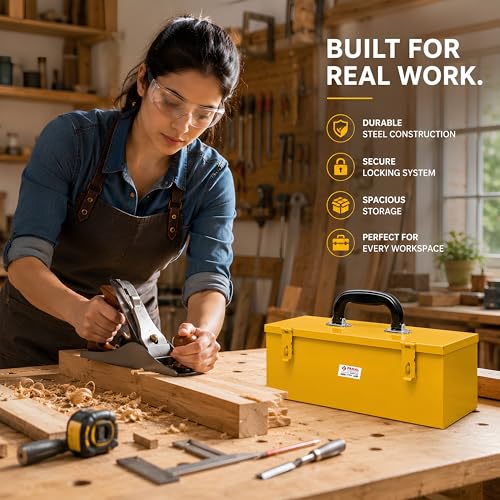 Image of PAHAL 16 Inch Metal Tool Box - Heavy Duty Portable Tool Storage Box with Single Compartment for Electrician, Plumber, Technician, Carpenter & Mechanic, for Domestic & Industrial Use, Yellow