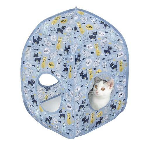 Image of Kitty City Cat Print Pop-Up Cat Play House, Collapsible Indoor Kitten Hideout with Peekaboo Openings, Lightweight Foldable Kitty Cube for Play & Lounging, Blue