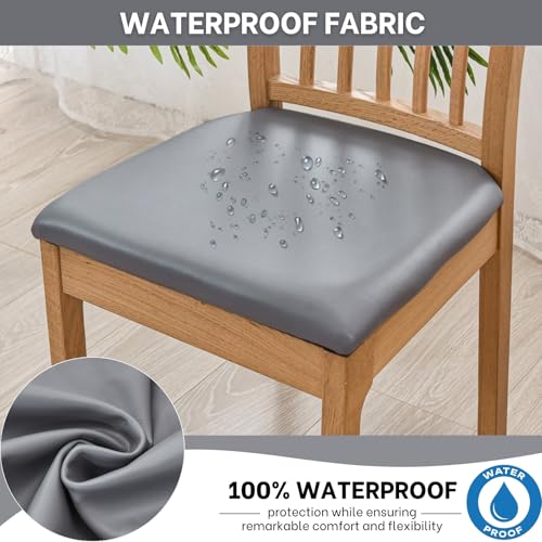 Image of SearchI Waterproof PU Leather Seat Covers for Dining Chairs, 4 Pack Stretch Dining Room Chair Seat Covers, Kitchen Chair Seat Covers Protectors (Grayish)