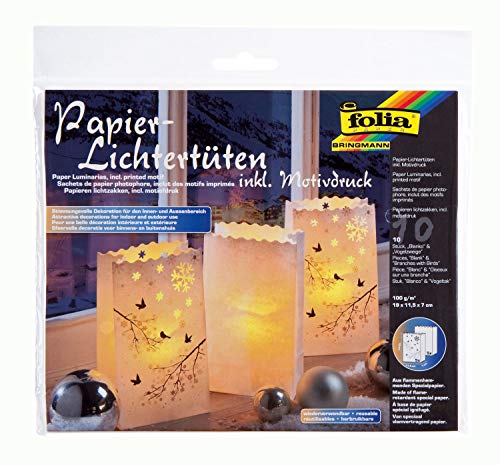folia 11922 – Lot de 10 lanternes en Papier Ignifuge, 5 Blanches, 5 avec Motif imprimé Branches d'oiseaux, env. 19 x 11,5 x 7 cm, décoration de Table d'ambiance pour...