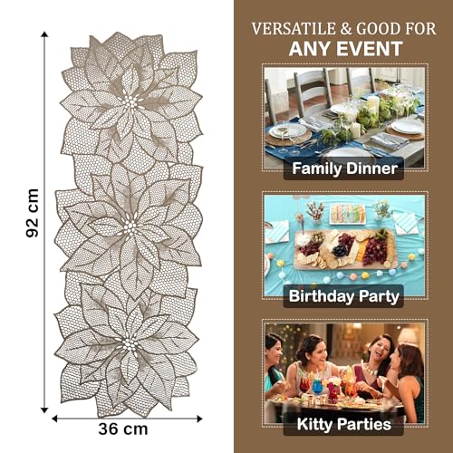 Image of Kuber Industries Leather Table Runner for Party, Wedding, Family Dinners | Coffee, Dining, Kitchen, Center Table | Flower | Golden