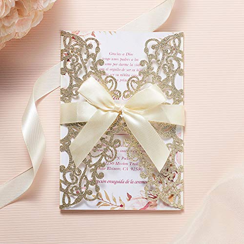 Adasbridal 50Pcs Glitter Floral Laser Cut Wedding Invitation Cards With Envelope Blank Inner Sheet And Ribbon For Wedding Engagement Bridal Shower Party Invite(7.09 X 4.92Inch, Gold) #TOP1