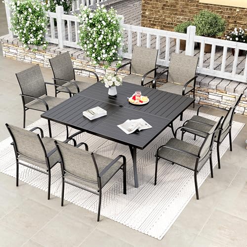 HERA'S HOUSE 9 Pieces Patio Dining Set, Outdoor Table and Chairs Set for 8, 8 x Brown Textilene Dining Chair and 60