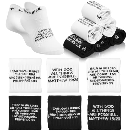 Janmercy 6 Pairs Christian Socks with Scripture on Bible Verse Praying Athletic Ankle Socks Faith Catholic Gifts Men Women(Black White)
