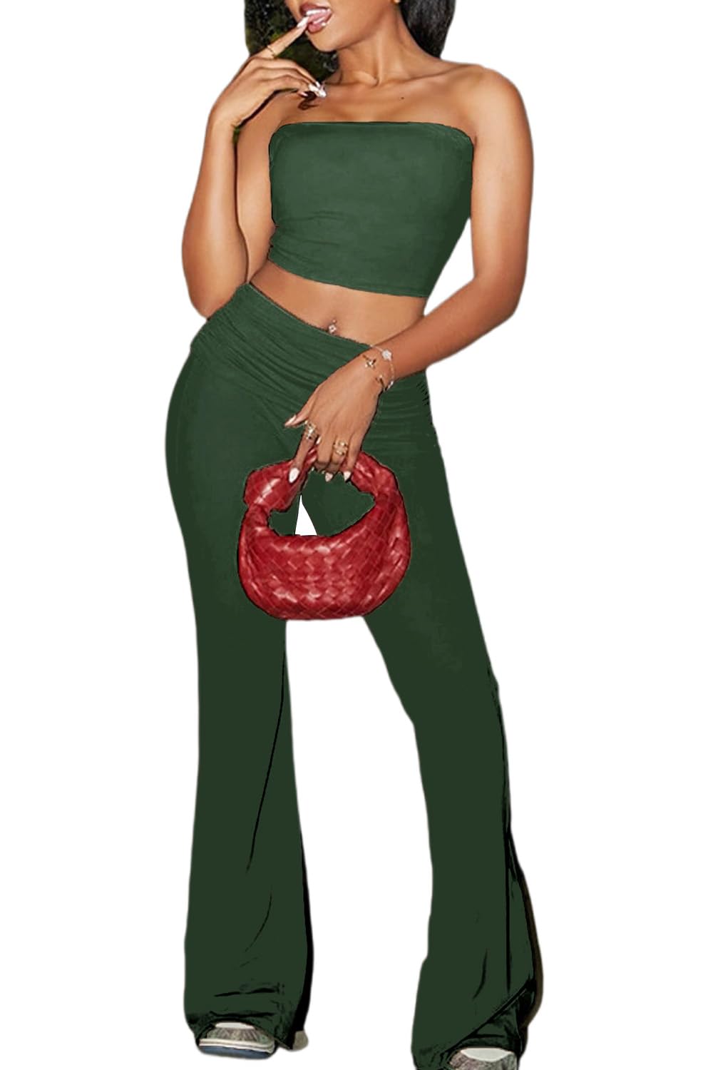 Sexy Women's 2 Piece Lounge Sets Pajama Outfits Casual yoga Crop tube Top High Waist Wide Leg Foldover Flare Pants