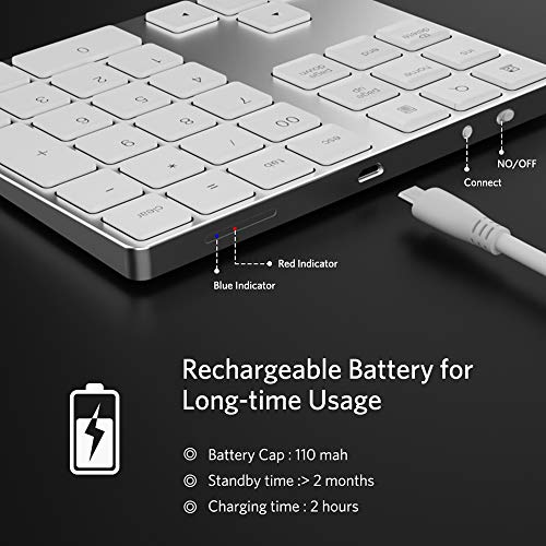 Andoer Teclado numérico sem fio de alumínio 34 teclas Teclado com bateria recarregável embutida para