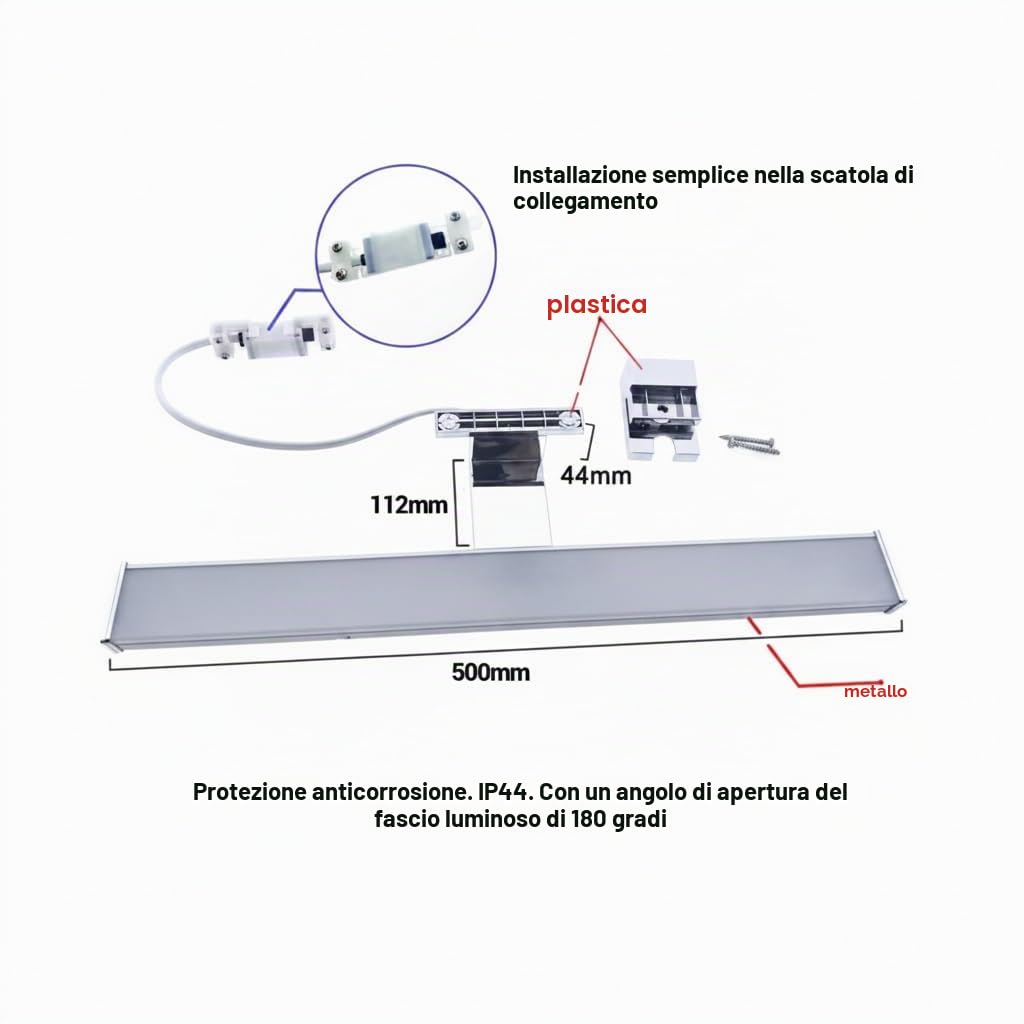 BARCELONA LED Applique LED Specchio Bagno 10W 50cm, Luce Specchio Bagno 3000K 800lm, IP44 Resistente all'Umidità, Montaggio su Specchio, Mobile o Parete, Lampada Bagno in Alluminio e Policarbonato