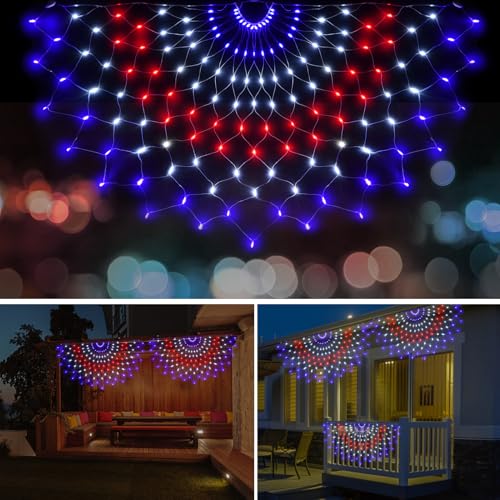 3 Packs American Flag Lights Outdoor - 4x2 FT Half Fan Shape Patriotic Net Light with 8 Modes, 450 LED Red White and Blue Lights, Waterproof for 4th of July Decorations, Christmas, Yard, Parties