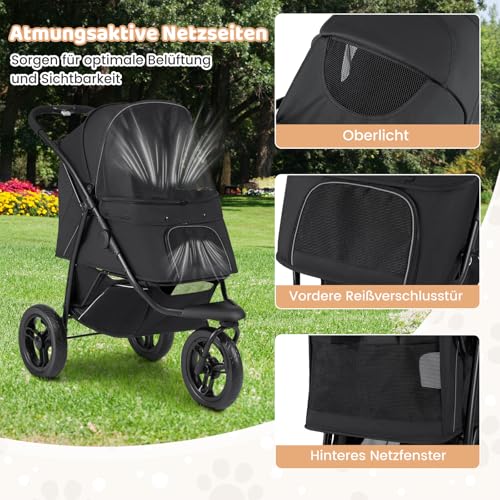 COSTWAY Hundewagen klappbar, Hundebuggy bis 25 kg, Katzenwagen 3 Rad, Haustierwagen mit verstellbarem Sonnendach, Netzfenster, Korb & Polster, Haustierbuggy für Katzen Hunde (Schwarz)