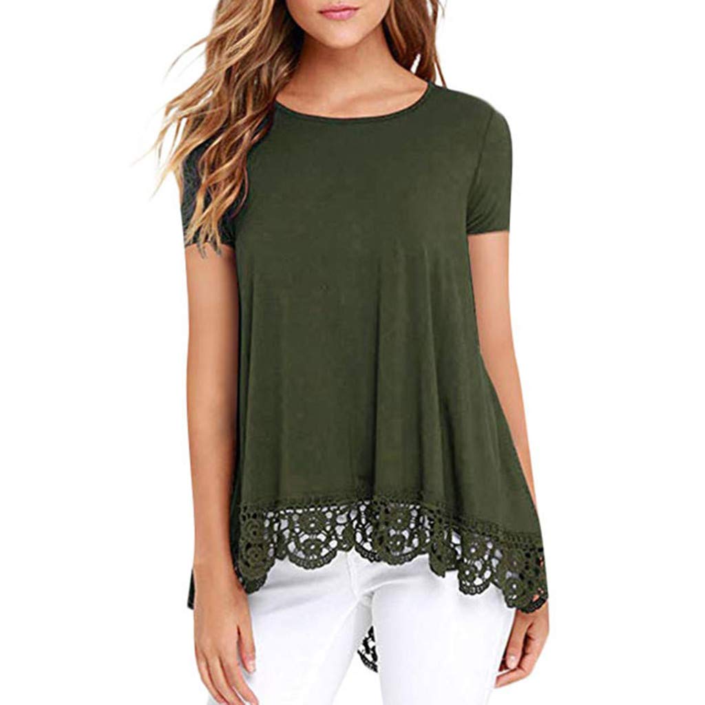 Foowni Women Casual O-Neck Short Sleeve Loose Lace Patchwork Tops Tunic Blouse