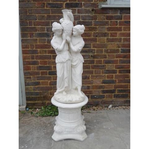 Ornate stone maidens and plinth in white garden ornament statue Cover