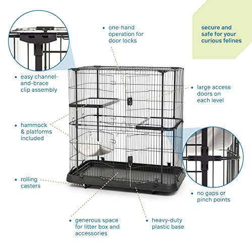 Prevue Pet Products Deluxe Cat Home with 3 Levels, Metal and Plastic Crate Kennel Home for Cats and Kittens, Multi-Level Cage, Black