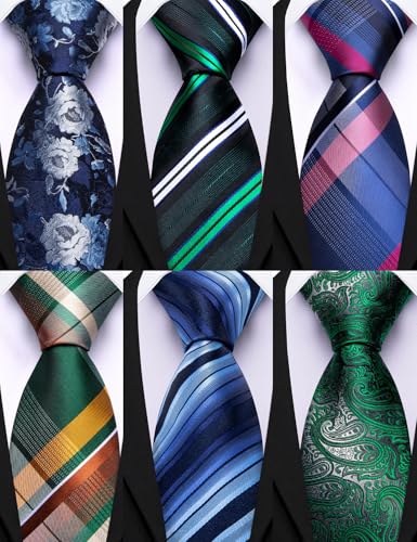 Image of Barry.Wang Mens 6 PCS Ties Silk Striped Paisley Check Floral Necktie Silky Woven Wedding Business Party Ties 3.34 inch