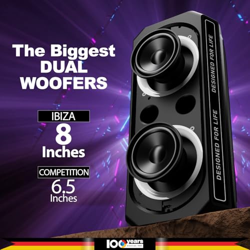 Image of Blaupunkt Rock & Roll Ibiza 180W RMS Party Speaker with Dual 8 inch Woofers, Recording Button, Animated Text Display, Bass Boost Button, Wireless UHF Mic, Echo Reverb Control & Portable Wheels