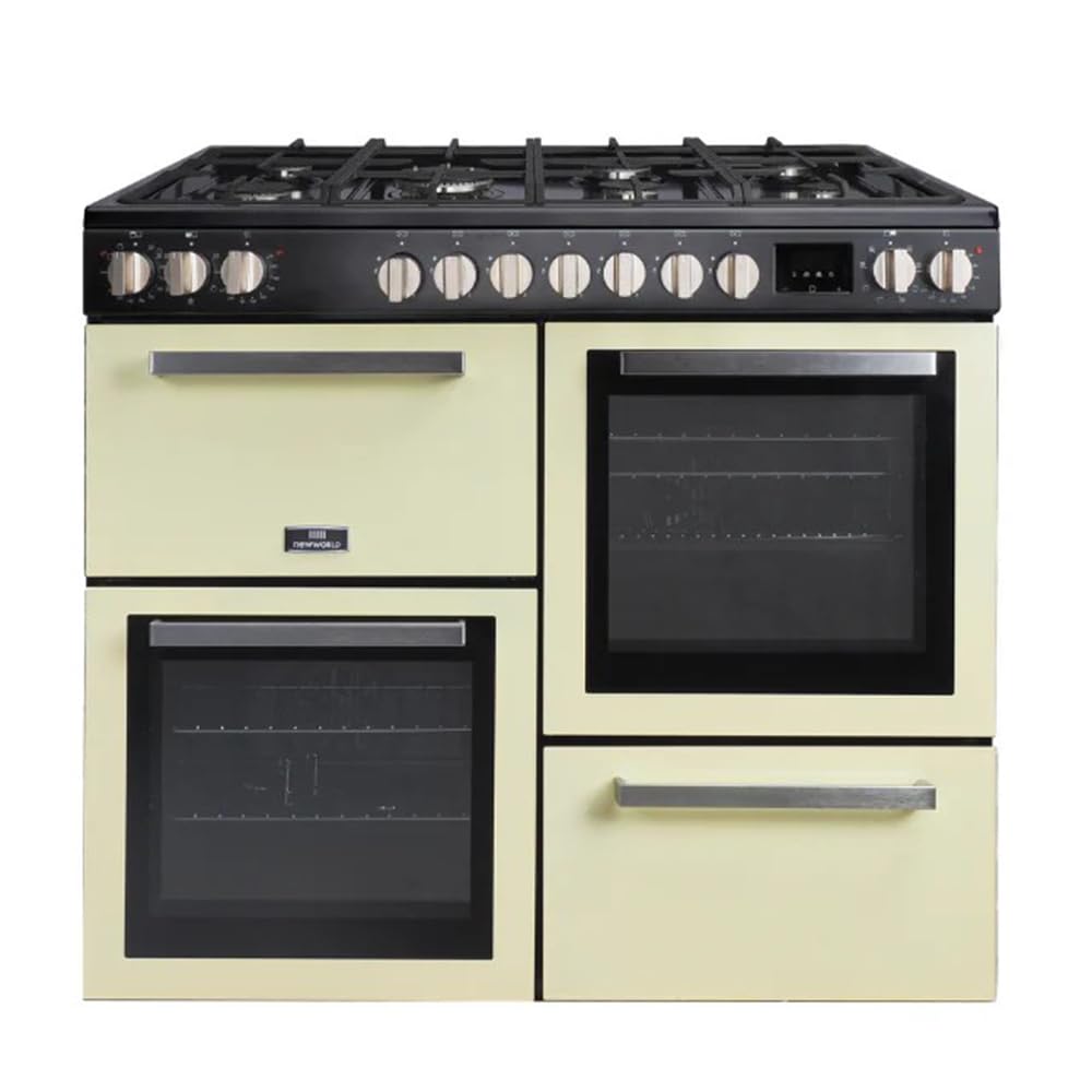 Tesla Dual Fuel Cooker - Freestanding Cream, A/A/A Energy, 7-Burner Gas Hob, 100cm Double Cavity, 62L & 62L Ovens, Easy Clean Enamel, LED Timer, (T100MCDFRCC)
