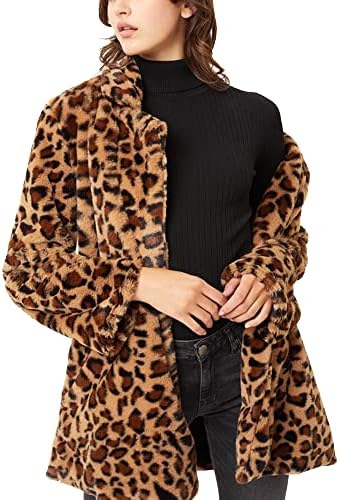CNC STYLE JACKET01 Women's Leopard Faux Fur Long Sleeve Winter Coat Flutty Top Jacket Outerwear with Pocket, LEOPARD, Small