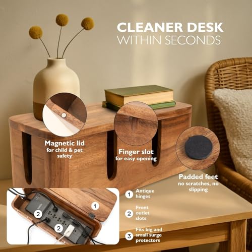 Image of Cable Management Box & Cord Organizer- Cable Organizer for Desk, Home, Office. Hides Wires, Surge Protectors, Power Strips. Eco Friendly Mango Wood Cord Management Solution (Natural Acacia)