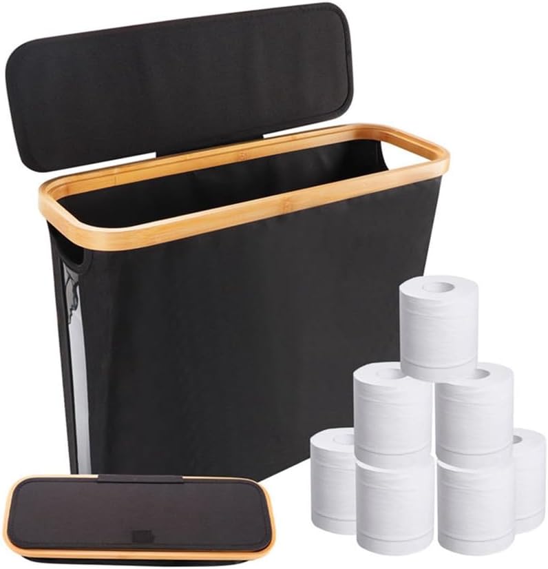 Toilet Paper Basket, Foldable Toilet Paper Storage Basket with Lid, Toilet Paper Storage Rack Black