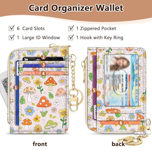 Image of GIANCOMICS Slim Wallet Credit Card Holder Women, Cute Mushroom Rfid Blocking Small Card Case, Keychain Thin Pocket Curved Zipper Wallet, Travel Card Holder PU Leather ID Window, Ladies Female Gifts