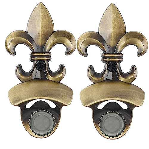 Luwanburg Brass Magnetic Bottle Opener Wall Mounted Fleur De Lis Beer Cap Opener with Magnets Built-in Cooler Mounted Antique Bronze (Pack of 2)