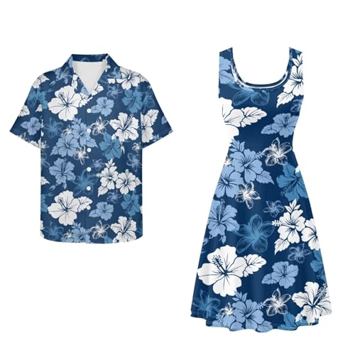 Image of Dreaweet Summer Dresses for Women A-Line Sleeveless Flowy Sun Dresses,Men's Casual Button-Down Shirts,Couple Matching Outfits