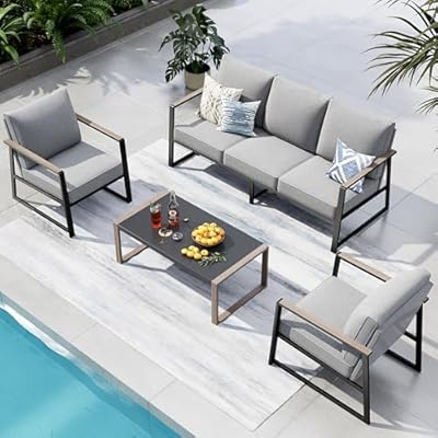PHI VILLA Metal Patio Furniture Set,5 Seats Modern Outdoor Patio Conversation Seating Set,All Weather Outdoor Couch Set Patio Sofa Set with Coffee Table,Black Frame with Textilene Cushion